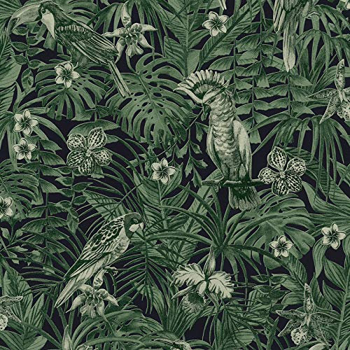 Papier peint perroquet vert | Papier peint vert foncé 37210-1 | Papier peint jungle intissé vinyle | Papier peint chambre adulte tendance