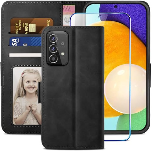 YATWIN Handyhülle für Samsung Galaxy A52S 5G Hülle +1 Stück Panzerglas Schutzfolie, Klapphülle Samsung Galaxy A52 Premium Leder Brieftasche Schutzhülle [Kartenfach][Stand] Handytasche Case, Schwarz