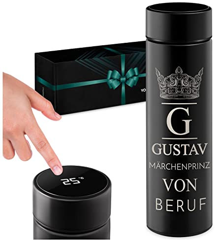 Maverton Thermobecher Kaffeebecher 450 ml - Isolierbecher personalisiert - 100% dicht - Led Temperatur Anzeige - aus Edelstahl - Geschenk für Männer - schwarz - Märchenprinz