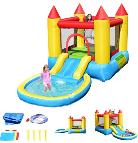 GOPLUS Château Gonflable avec Toboggan et Piscine,Aire de Jeu pour 2 Enfants de 3 à 5 Ans,Trampoline,30 Balles Inclus,Jusqu’à 68 KG,365 x 200 x 190CM (Gonfleur Non-Inclus) (sans Souffleur)
