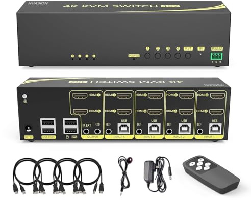 Huasion HDMI KVM Switch 4 in 2 Out Dual Monitor Extended Display 4K@60Hz 4:4:4 with Audio and USB 2.0 Hub Sharing PC Monitor Keyboard Mouse Switcher