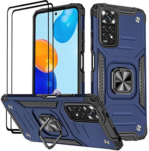 KANSi Hülle für Xiaomi Redmi Note 11S / Redmi Note 11 (6.43), Schutzfolie [2 Stück] Silikon TPU Hart PC Handy Hüllen 360 Grad Drehbar Ringhalter Bumper Stoßdämpfung Schutzhülle - Blau