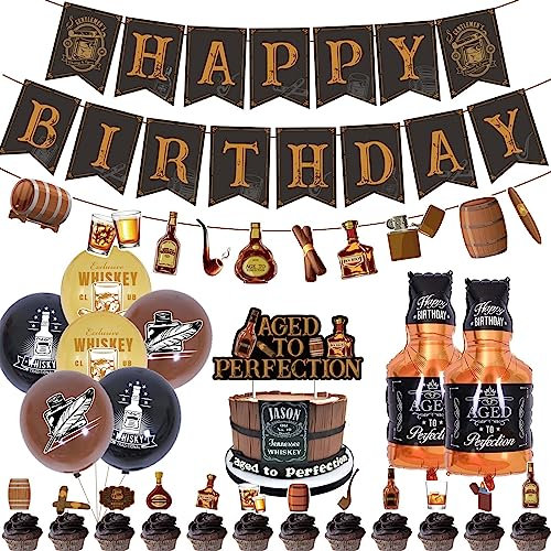 Chilfamy Whiskey Birthday Decorations for Men, Aged to Perfection Party Supplies with Happy Birthday Banner, Whisky Garland Banner, Cake Toppers, Foil Balloons for 30th 40th 50th Vintage Party Events