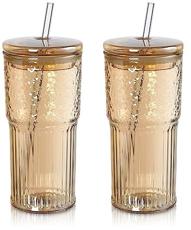 Joeyan 650 ml Ámbar Vaso de Vidrio con Tapa y Pajita para Agua Batidos Jugo Boba Té Café,Juego de Vasos Acanaladas,Borosilicato Bubble Tea Cup