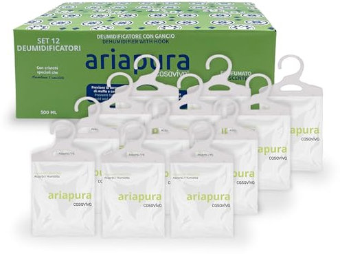 CASAVIVA - Deumidificatore Casa Muffa ARIAPURA con Gancio 12 Pezzi da 500ml - Deumidificatore Portatile Assorbi Umidità per Ambienti con Cristalli Idrofili - Aromaterapia