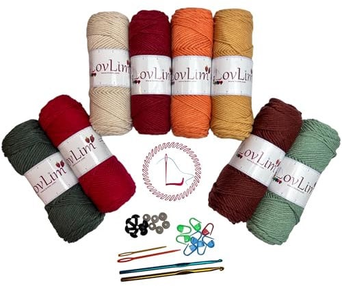 LovLim Bulky Milch-Baumwollgarn, 8 x 100 g, weiche Garnknäuel, 914 m, Häkeln, Stricken und Amigurumi, kostenlose Muster, Nadeln, Zubehör, Tasche, ideales Starter-Set für Kinder, Erwachsene, Anfänger,