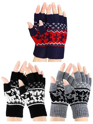 Bencailor 3 Paar Winter Halbfinger Handschuhe für Herren Touchscreen Gestrickte Fingerlose Handschuhe Warme Dehnbare Strick Halbfinger Fäustlinge für Unisex Erwachsene (Schwarz, Grau, Marineblau)