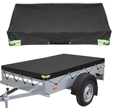 Anhängerplane Flachplane, 207x114x10cm Anhänger Abdeckplane, 420D Oxford-Stoff Wasserdicht Anhängerabdeckung mit Planenseil, Reflexstreifen, Ösen für 750kg Anhänger (Schwarz)