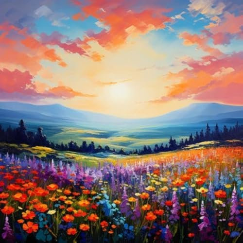 adrium Acryl-Bild 50 x 50 cm: Schöne Wiese mit wilden Blumen bei Sonnenuntergang. Digitale Zeichnung. (209420284)