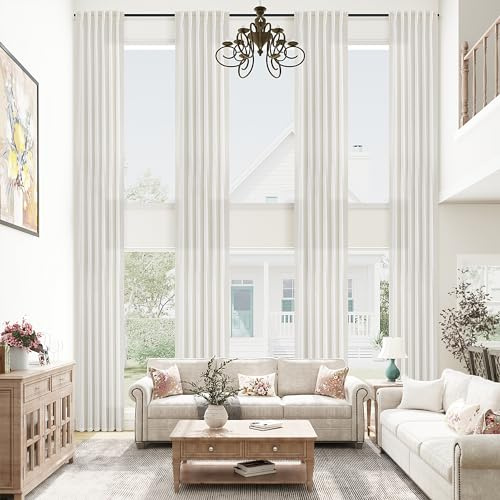 mstexa Halbtransparente Leinenvorhänge, elfenbeinfarben, 366 cm lang, für hohe Decken, Wohnzimmer, lichtfilternd, extra lange Rückenschlaufen, cremefarben, Vorhang für Schlafzimmer, 2-stöckige große