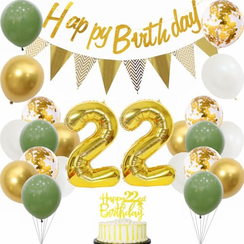 Yunchu Online 22. Geburtstag Deko für Frauen und Männer - Sage Grün Weiß Gold Party Ballons Tortendeko - Dekoration für 22 Jahre Feier