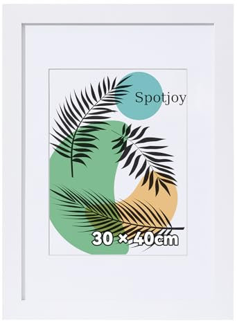Spotjoy Bilderrahmen 30 x 40cm, MDF-Rahmen Holzrahmen mit Acrylglas Fotorahmen für Wandmontage Echtholz Passepartout Dokumentenrahmen Zertifikatsrahmen, Weiß