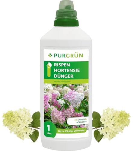 Purgrün® Rispenhortensie-Dünger 1 Liter – Organisch-mineralische Rezeptur – Premium-Flüssigdünger mit Spurennährstoffen – NPK 8+8+6 – Mit Guano & Aqua Plus – Für prächtige Blüten
