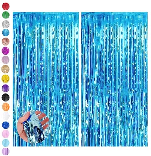 Light Blue Foil Fringe Tinsel Backdrop,2pcs 3.2 x 6.5ft Blue Foil Curtain Decor,Metallic Tinsel Foil Fringe Curtain for Mermaid Birthday Baby Shower Mama Mia Bachelorette Blue Frozen Party