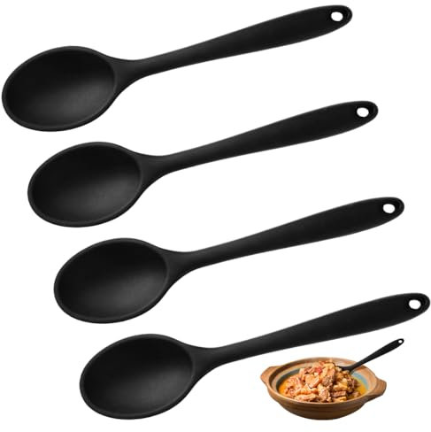 4 Pezzi Cucchiaio Silicone Cucina, Mestolo Silicone, Antiaderente Mestoli Silicone Cucina, Resistente Al Calore Cucchiaio Cucina per Mescolare Gli Strumenti Di Miscelazione, 27 X 5.7Cm, Nero