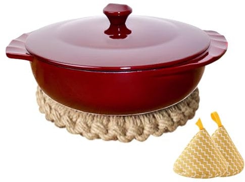 DYHQQ Enamel Cast Iron Dutch Oven with Loop Handles 4L Covered Dutch Oven, Enamel Stockpot with Braided Placemats Accessories