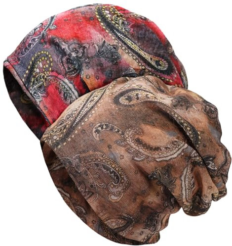 XYIYI Damen Mütze Chemo Hut Slouchy Kopfbedeckungen Kopf Wraps Krebshüte (2Stück Cashew Blume Braun Rot)