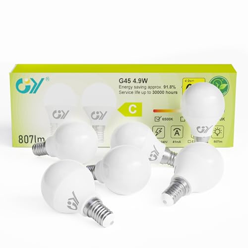 GY E14 LED Kaltweiss Lampe 4.9W 6500K 807 Lumen Kaltweiß Leuchtmittel,G45/P45 Energiesparlampe 60W lampe ersetzt,Nicht Dimmbar LED Birnen,6 stück