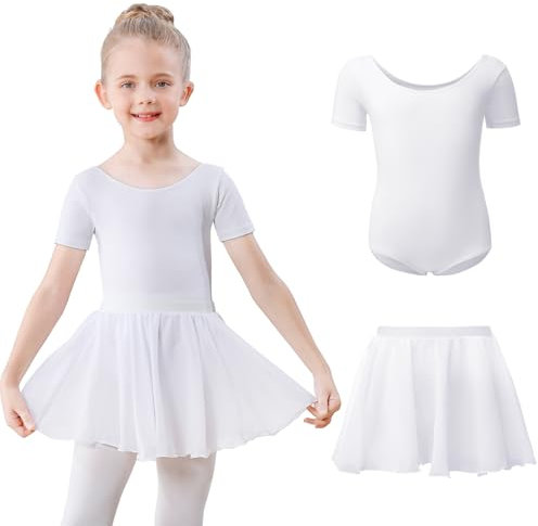 Ballettkleidung Mädchen Kurzarm Ballettkleid Baumwolle Balletttrikot Kinder Ballettanzug Ballettbody mit Chiffon Rock Tütü 3-11Jahre Weiß 120