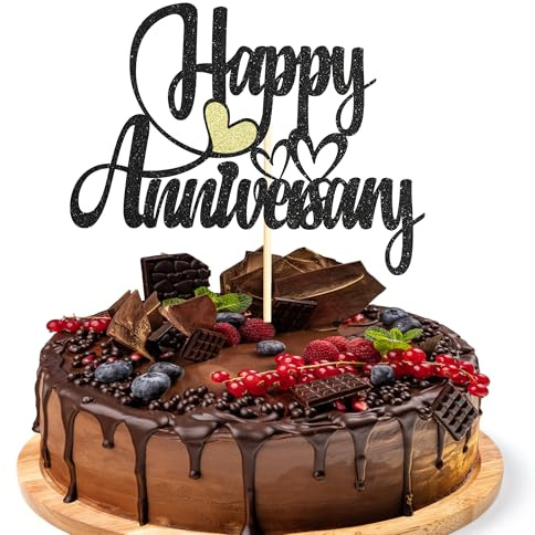 Sotpot 1 Pack Happy Anniversary Cake Topper Black Glitter Cake Decoration for Wedding Birthday Corporate Anniversary Party Supplies