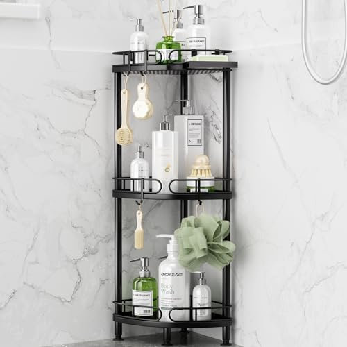 SWTYMIKI Corner Shower Caddy Standing - 3 Tier Stainless Steel Shower Organizer Stand with 4 Hooks & Soap Holder, Rustproof Metal Standing Tall Floor Bathroom Shelf and Bathroom Organiser, Black