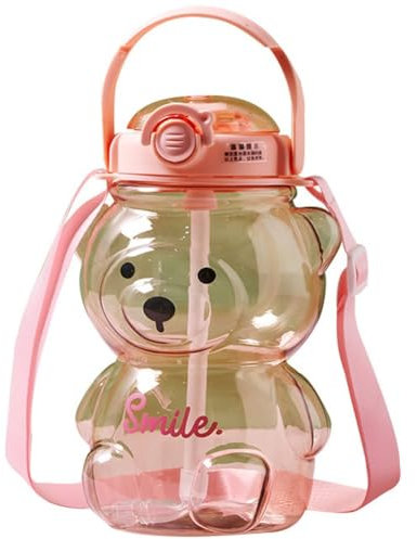 Glixoft Botella De Agua Grande con Forma De Oso Kawaii De 1000ml, Bonita Botella Portátil para Bebidas De Oso con Pajita Y Correa para Viaje Escolar