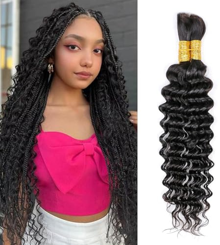26 Inch Bulk Human Hair for for Boho Bohemian Braids Deep Wave 2 Bundles 50g a Pack No Weft Deep Curly Human Braiding Hair Brazilian Virgin Extensions Natural Color for Women
