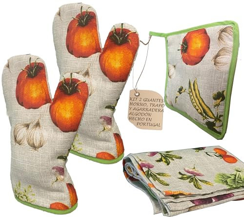 KRAPPS Manoplas Horno | Fabricado en Portugal, Juego de 2 Guantes Horno + 1 Agarraderas + 1 Trapo Cocina o Paño Cocina, Guantes Algodon, Guantes Cocina, Guantes Barbacoa, Toallas Cocina