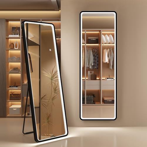 S'bagno Miroir sur Pied avec éclairage 160x50 cm, Cadre en Aluminium, Grand Miroir LED Réglable & 3000-6500K & Fonction Mémoire, Verre Renforcé, Miroirs en Pied pour Vestiaire et Chambre Coucher, Noir