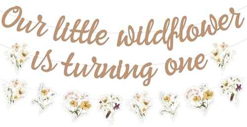 Sursurprise Wildblumen-Dekoration für den 1. Geburtstag, Boho, Frühlingsblumen, Our Little Wildflower Is Turning One Girl, Banner für den ersten Geburtstag, Blumenschild, Garten-Thema, 1 Jahr alt,