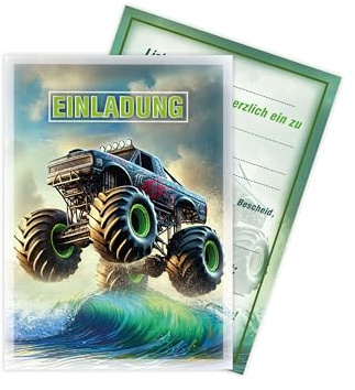 Limonia 12x Einladungskarten zum Kindergeburtstag Auto Rennauto - Geburtstagseinladung Unisex Coole Autos & Rennwagen Motive, Einladung für Auto-Fans - Monstertruck