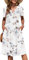 AUSELILY Women's Summer Short Sleeve Midi Dresses V Neck Empire Button Knee Length Dress with Pockets Floral White XL