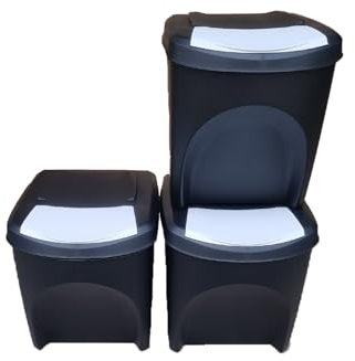 Stolmet Large Stackable Recycling Bins Set of 3x25L (Brand KrysGo) - Customizable Lids with Recycling Stickers - Waste Sorting for Home, Kitchen, Office (Black + White)