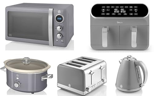 Swan Retro Grey 1.5L 3KW Jug Kettle, 4 Slice Toaster, 8L Dual Basket Air Fryer, 800W 20L Microwave and 3.5L Slow Cooker. Matching Retro Design Kitchen Set in Grey