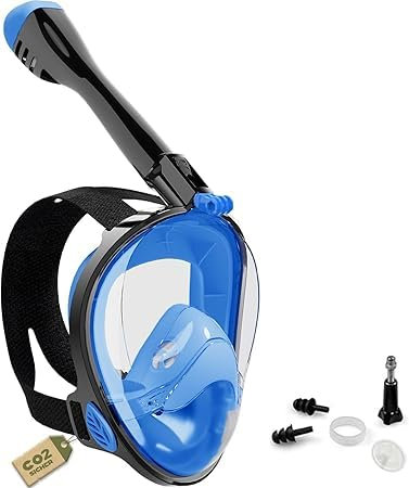 Schnorchelmaske Erwachsene Vollgesichtsmaske – CO₂ sicher Wasserdicht & Beschlagfrei Tauchmaske mit Kamera Halterung – Tauchermaske mit Tragetasche & Ohrstöpsel (blau, S-M)