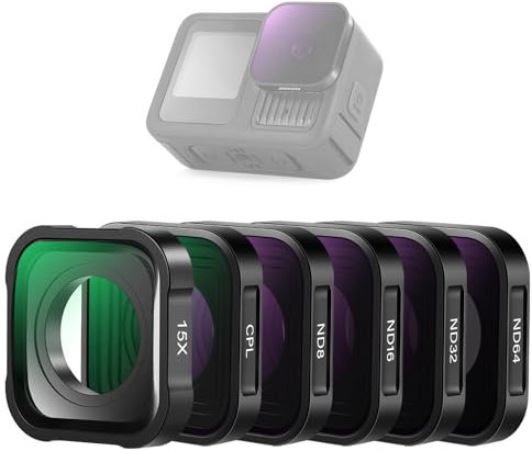 NEEWER Set Filtri ND (6pz) con Lente Ingrandimento 15X, Filtro ND8 ND16 ND32 ND64 ND1000 CPL + Lente Ravvicinata, Accessori Fotografia per Action Cam Compatibile con GoPro Hero 13 12 11 10 9, FL-GP24
