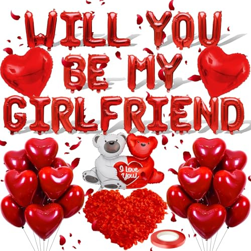 PAUBLLON Will You Be My Girlfriend Balloons With 1000Pcs Rose Petals | 1042PCS Includes Artificial Rose Petals Teddy Bear and Red Love Heart Foil Latex Balloons for Confession Proposal Supplies