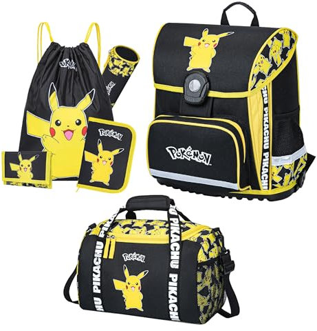 Pokémon Schulranzen Set mit großer Sporttasche für die 1. bis 4. Klasse - Ergonomisch, Kompakt, 990 Gr. Leicht, 18 L Volumen, wasserdichter Boden - Schultasche mit Pikachu Motiv - Einschulungs-Set