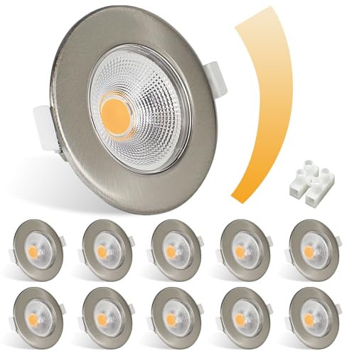 Allesgute 10er LED Einbaustrahler 230V Flach Dimmbar 7W 600LM Einbauleuchten Gebürstet Edelstahl LED Spot 3000K Warmweiß Deckenspots Einbauspots 65-85mm Lochmaß für Küche Wohnzimmer