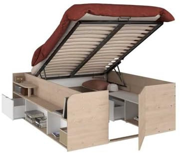 Parisot ODYSSEE Lit Coffre Adulte - 140x190/200 cm - avec Coffre relevable - Décor Chene et Blanc - 168,3x66,5x209,5 cm