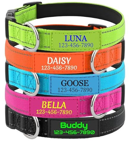 Personalised Dog Collars with Name, Custom Reflective Padded Dog Collar, Silicone ID Tags, Nylon Soft Dog Collar Small, Medium, Large Dogs