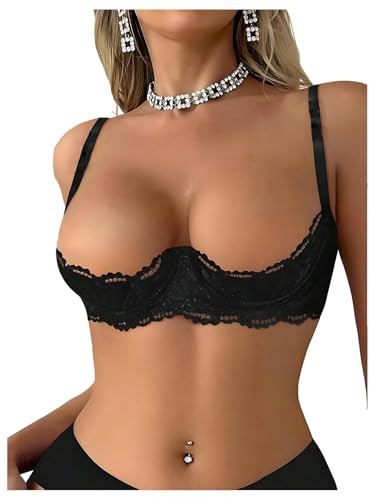 OYOANGLE Women's 1/4 Cup Lace Bra Balconette See Through Mesh Underwired Demi Spaghetti Strap Supportive Lingerie Bra Black XX-Large