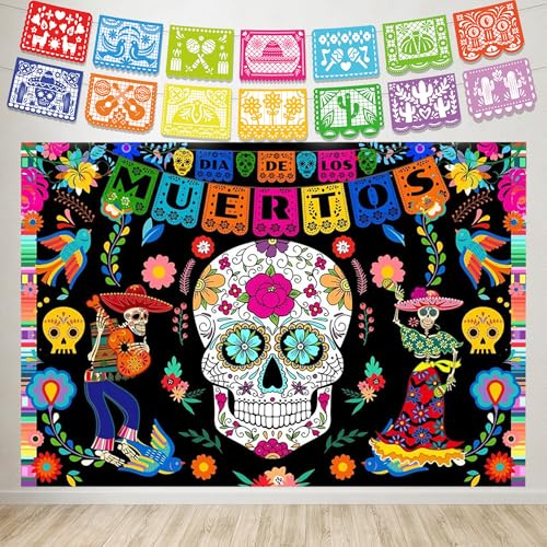SUPJADE Tag der Toten Banner & Hintergrund Set, Zuckerschädel Skelett Dekorationen, Halloween Dia de los Muertos Partyzubehör, Mehrfarbig