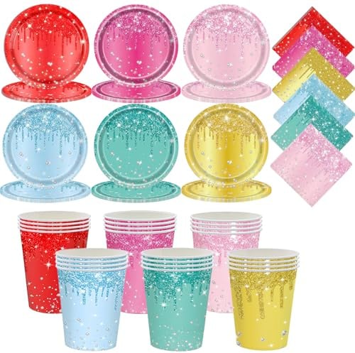 72 Pack Colorful Party Tableware Set,Multicolor Paper Plates,Cups,Napkins for Kids Adults,Sparkling Diamond Dinner Plates Luncheon Cocktail Napkins Cups for Birthday Party Supplies