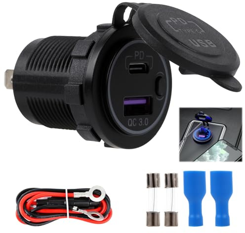 30W PD y 18W QC USB Tipo C Toma de Corriente Impermeable 12-24V, Toma Moto Impermeable, Adaptador de Carga USB Interruptor LED, Compatible para MacBook, Coche, Moto, Barco, Camión y Caravana