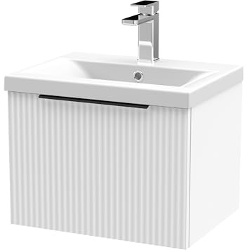 Balterley Vanity Unit with Basin Wall Hung, Single Drawer Soft Close with Mid Edge Sink and Handle, Bathroom Vanity Units with Basin, Fluted Front Sink Cabinet - 510 x 390 x 399mm (White)
