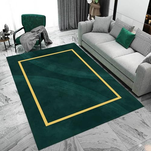 Dunkelgrüner moderner Wohnzimmerteppich, 120 x 160 cm, Kurzflor-Teppich mit goldenem Faden, stilvolle Heimdekoration, weicher Teppich für Wohnzimmer, Schlafzimmer und Büro
