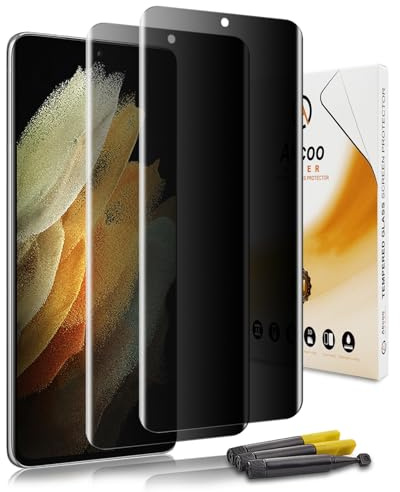 Akcoo Protector de pantalla para Galaxy S21 Ultra con filtro de privacidad, juego de 2 unidades, cristal protector UV, protección visual de 28°, sin función de huellas dactilares, 9H
