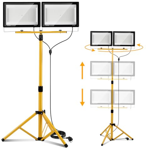 Projecteur de chantier ISOISL avec trépied 2x200W, projecteur LED 2x20000 lumens, télescopique réglable à 1,60 m, rotation à 360°, câble de 300 cm, IP66 pour garage, atelier, chantier, blanc froid