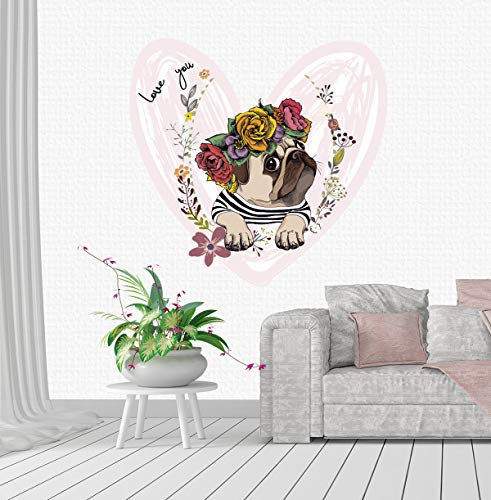 Sunnywall Wandtattoo Aufkleber Mops mit Blumenkranz Herz Größe Größe 1